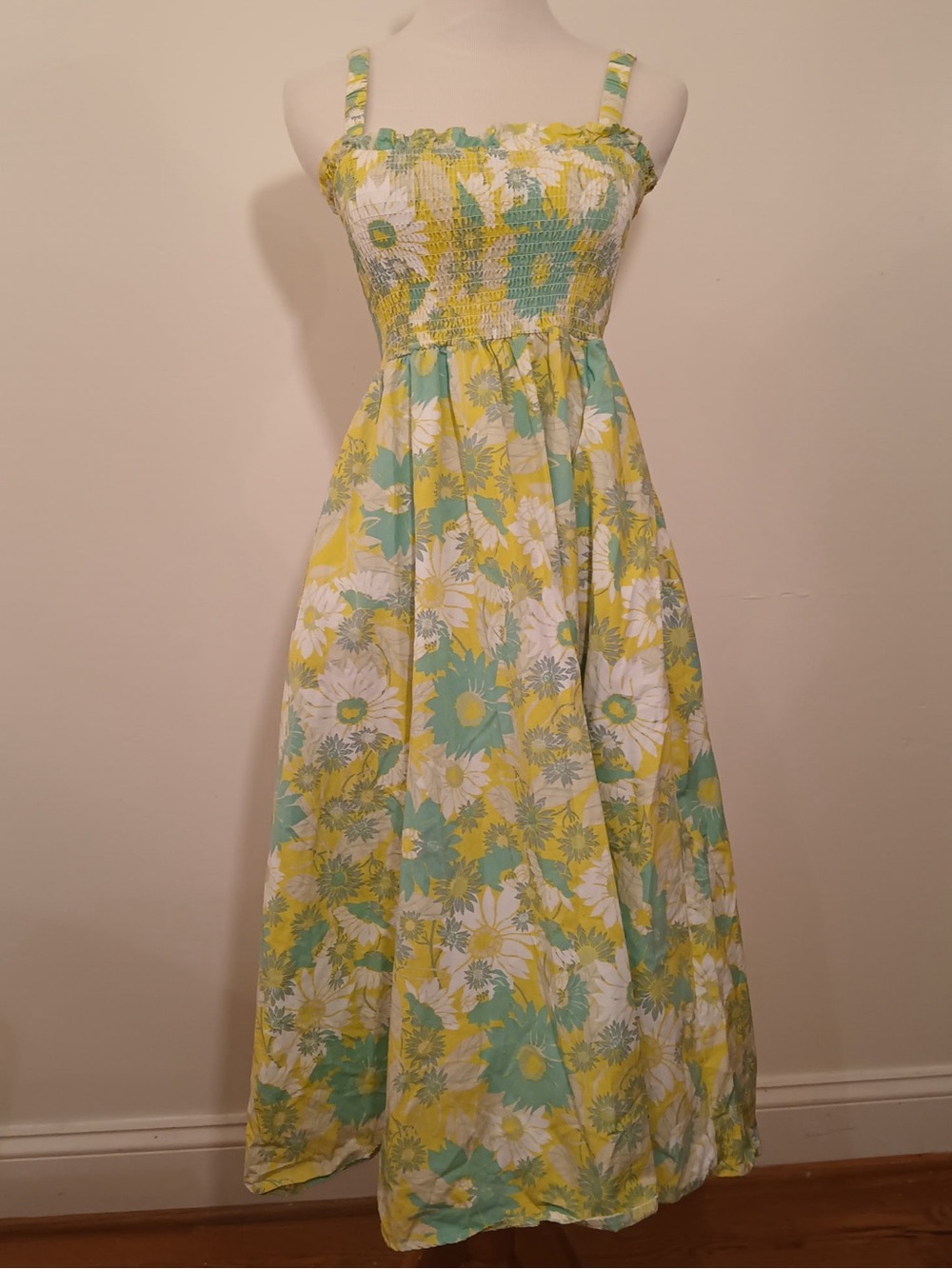 Smocked Floral Midi Dress in Yellow, Mint & White